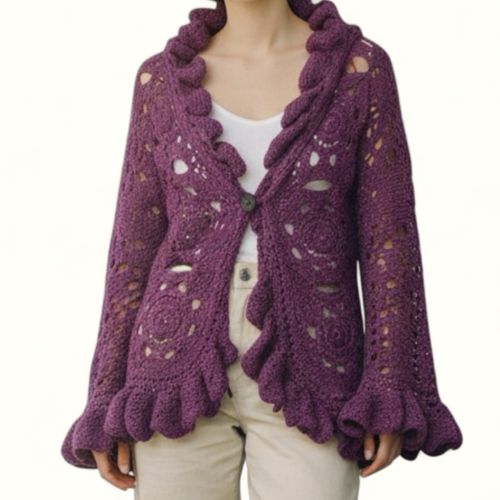 100% Handmade Large Purple Willow Granny Square Cardigan Ruffle Bell Sleeves